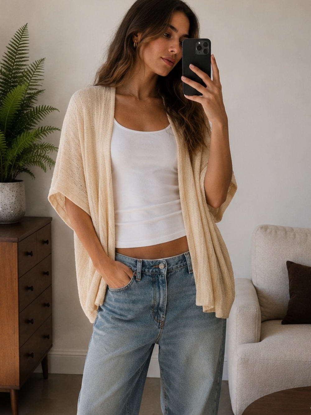 Joie Cream Linen Open-Front Knit Shrug